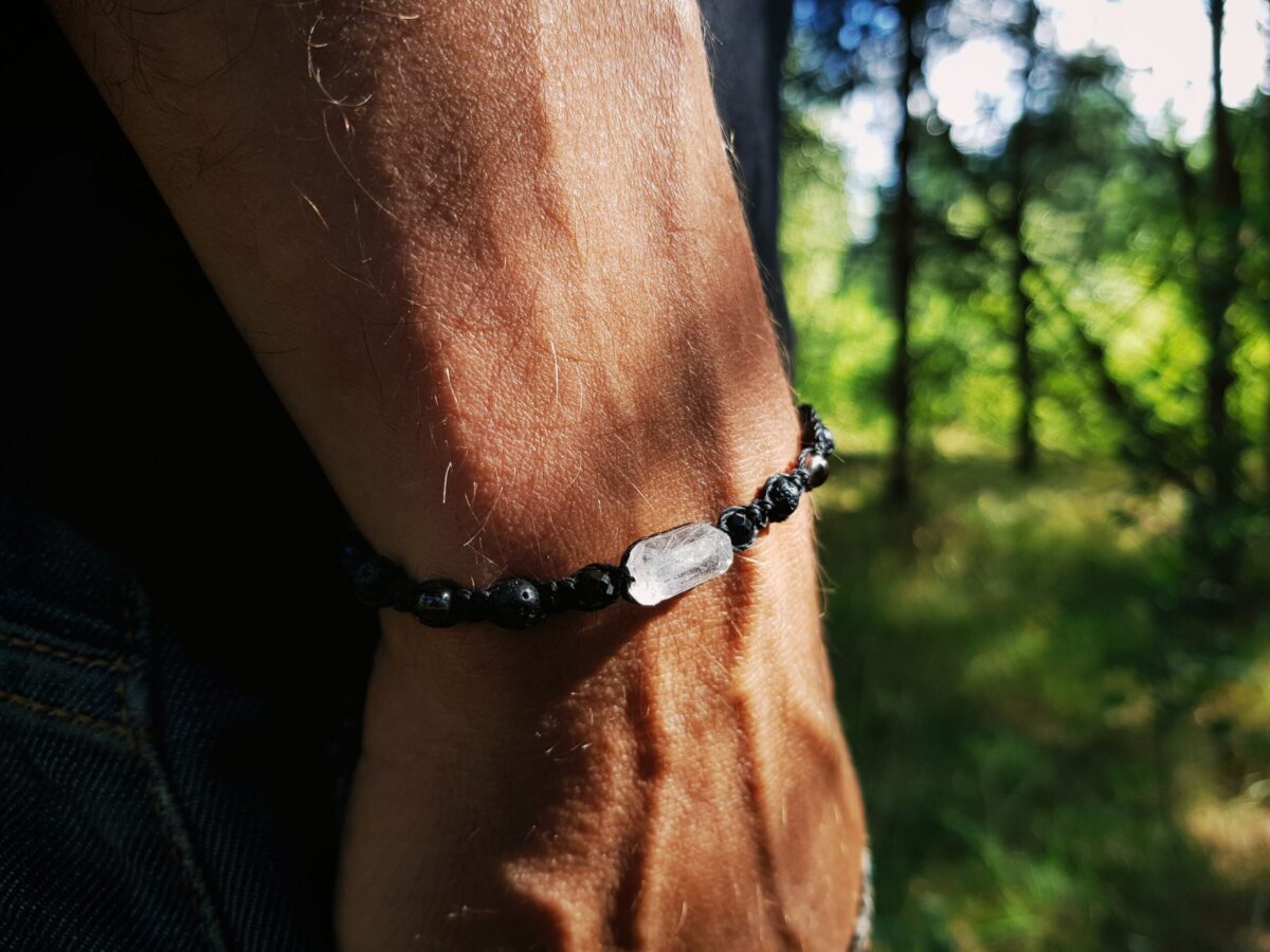 Bransoletka męska "Krystaliczna Strażniczka"- Kryształ górski, Turmalin, Lawa wulkaniczna, Kwarc dymny