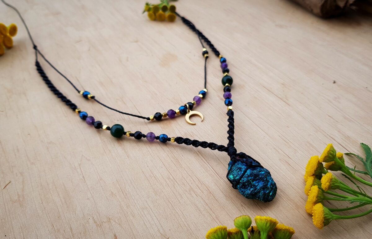 Podwójny naszyjnik "Świadomość"- Chalkopiryt, Ametyst, Hematyt, Turmalin, Jadeit, Lunula
