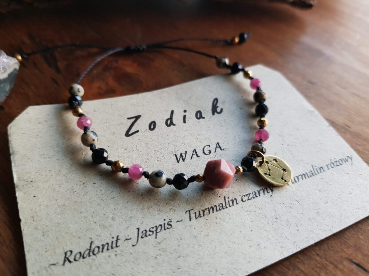 Bransoletka Zodiakalna - Waga - Rodonit, Turmalin różowy, Turmalin czarny, Jaspis