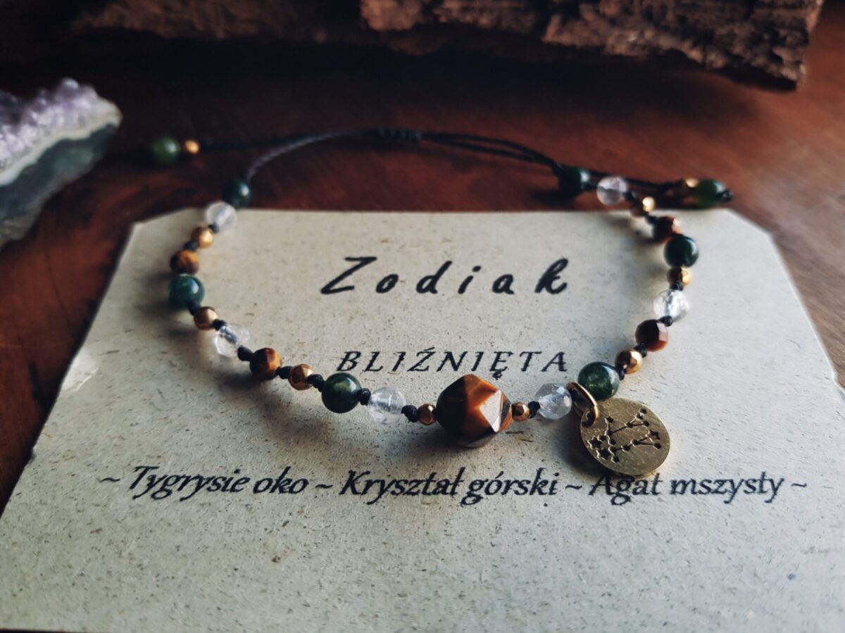 Bransoletka Zodiakalna - Bliźnięta - Tygrysie oko, Kryształ górski, Agat mszysty - obrazek 6