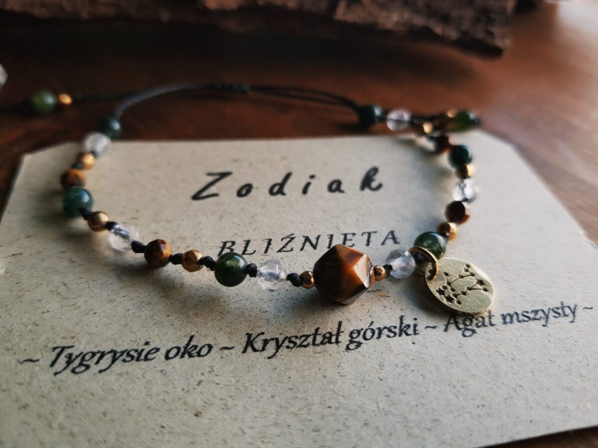 Bransoletka Zodiakalna - Bliźnięta - Tygrysie oko, Kryształ górski, Agat mszysty - obrazek 7