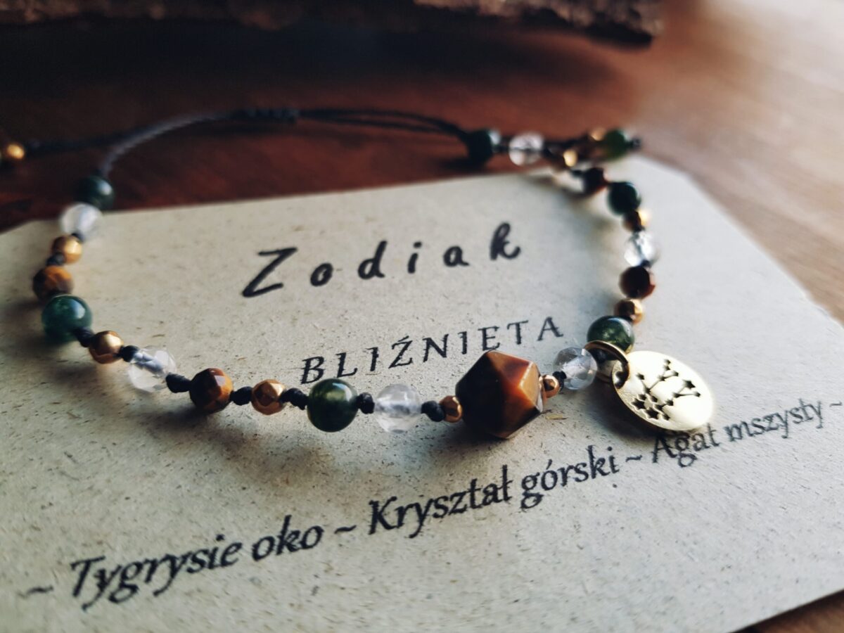 Bransoletka Zodiakalna - Bliźnięta - Tygrysie oko, Kryształ górski, Agat mszysty - obrazek 2