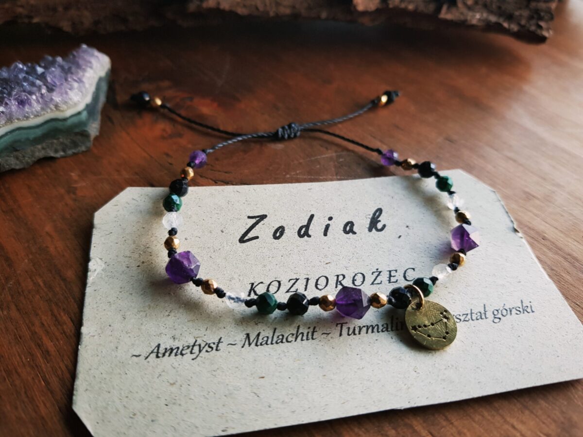 Bransoletka Zodiakalna - Koziorożec - Ametyst, Malachit, Turmalin, Kryształ górski