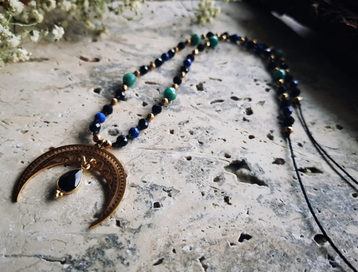 Naszyjnik Lunula Intuicji - Turmalin, Lapis lazuli, Amazonit, Onyks - obrazek 8