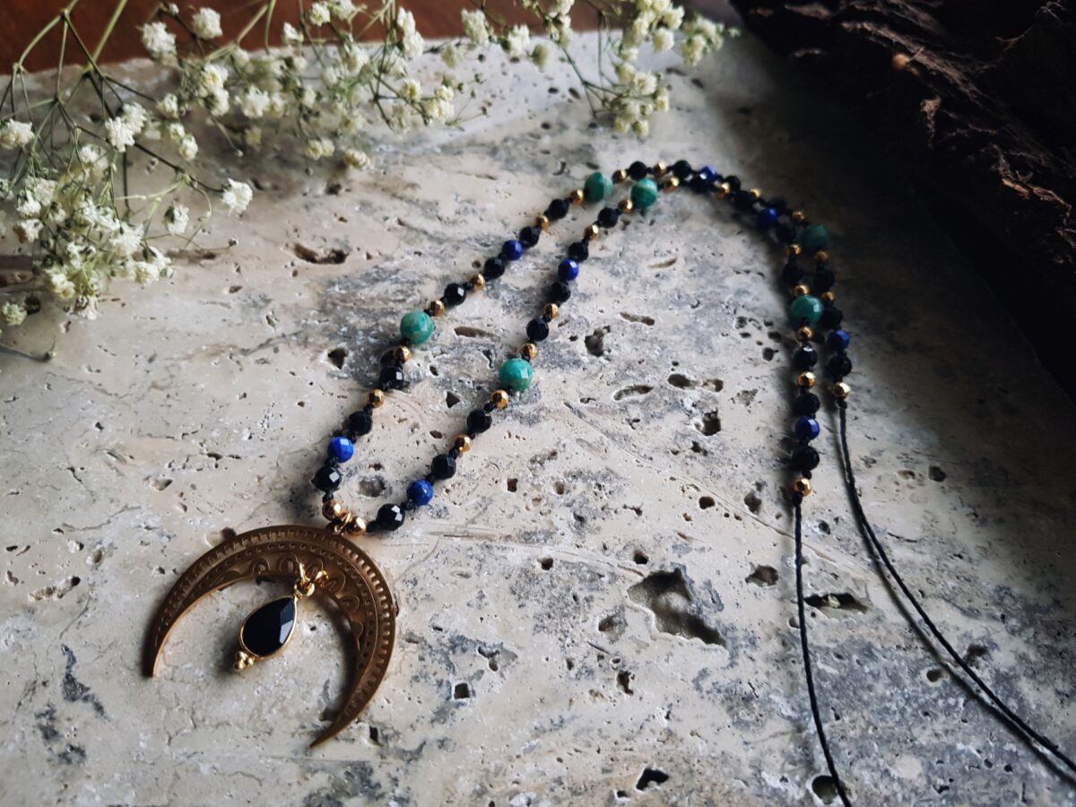 Naszyjnik Lunula Intuicji - Turmalin, Lapis lazuli, Amazonit, Onyks - obrazek 9