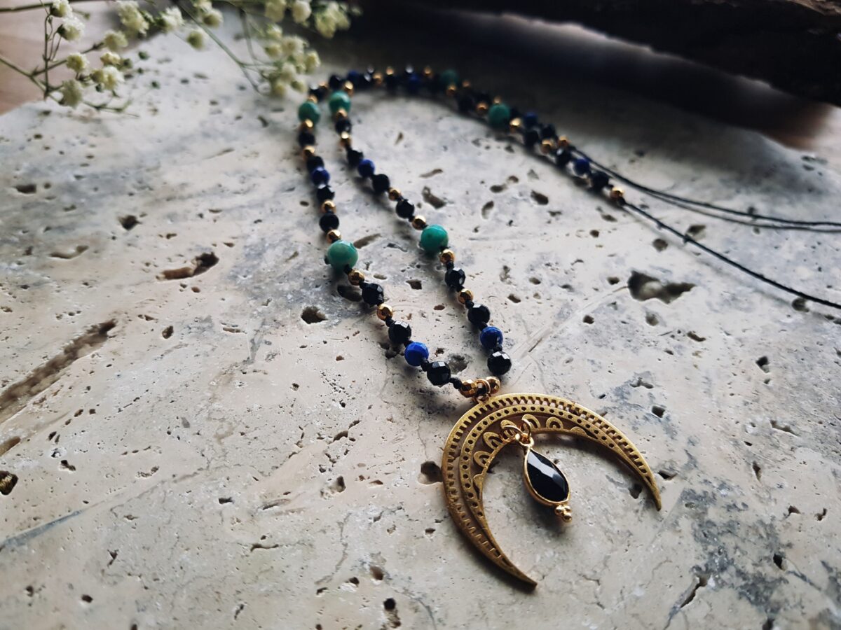 Naszyjnik Lunula Intuicji - Turmalin, Lapis lazuli, Amazonit, Onyks - obrazek 6