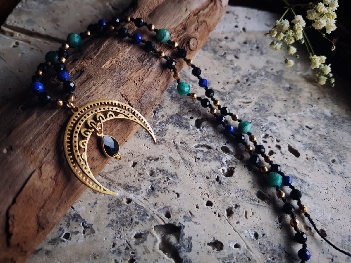 Naszyjnik Lunula Intuicji - Turmalin, Lapis lazuli, Amazonit, Onyks - obrazek 2