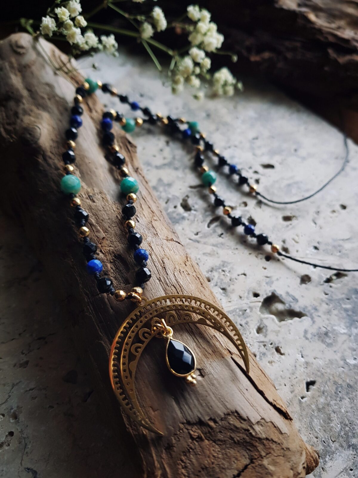 Naszyjnik Lunula Intuicji - Turmalin, Lapis lazuli, Amazonit, Onyks - obrazek 4
