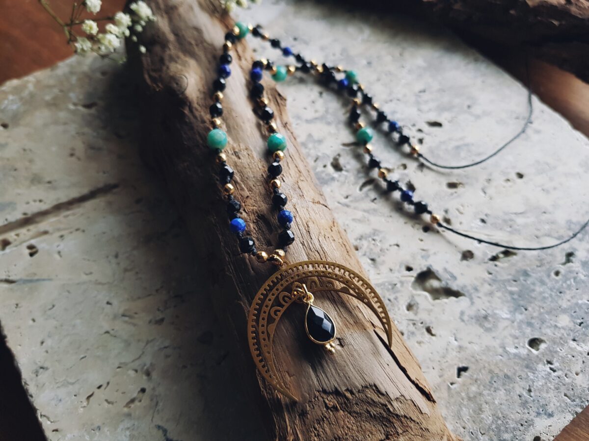 Naszyjnik Lunula Intuicji - Turmalin, Lapis lazuli, Amazonit, Onyks - obrazek 12