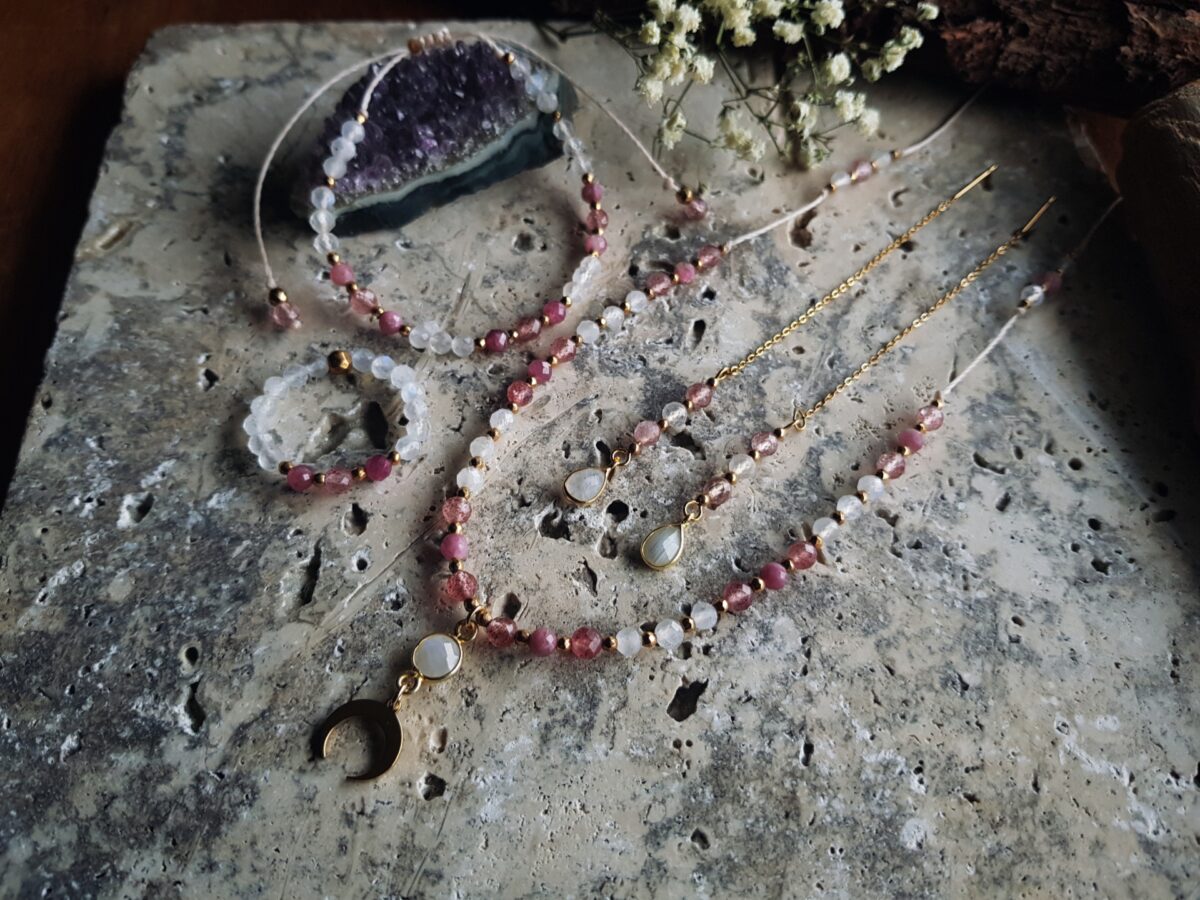 Naszyjnik "Malinowa Luna" - Kamień księżycowy, Turmalin różowy, Kwarc truskawkowy - obrazek 15