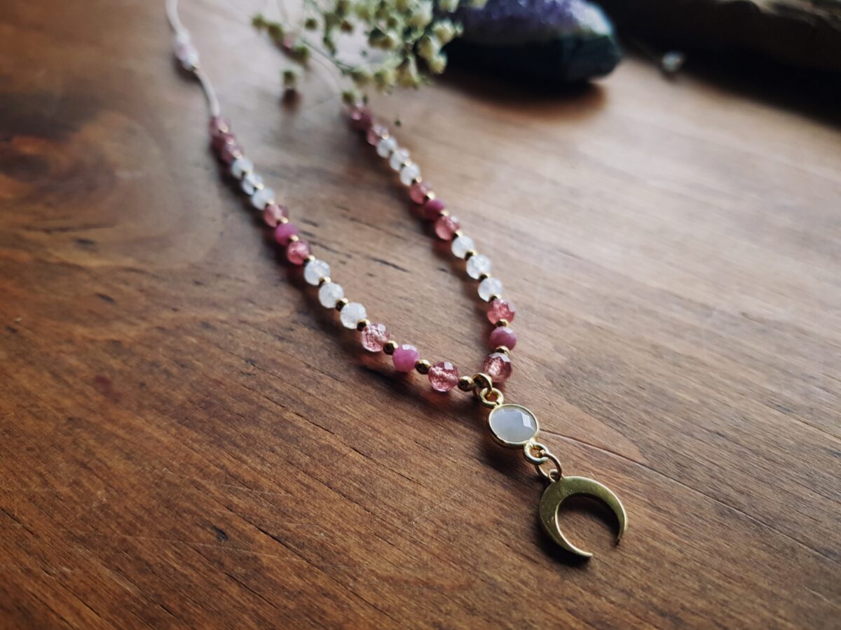 Naszyjnik "Malinowa Luna" - Kamień księżycowy, Turmalin różowy, Kwarc truskawkowy - obrazek 10
