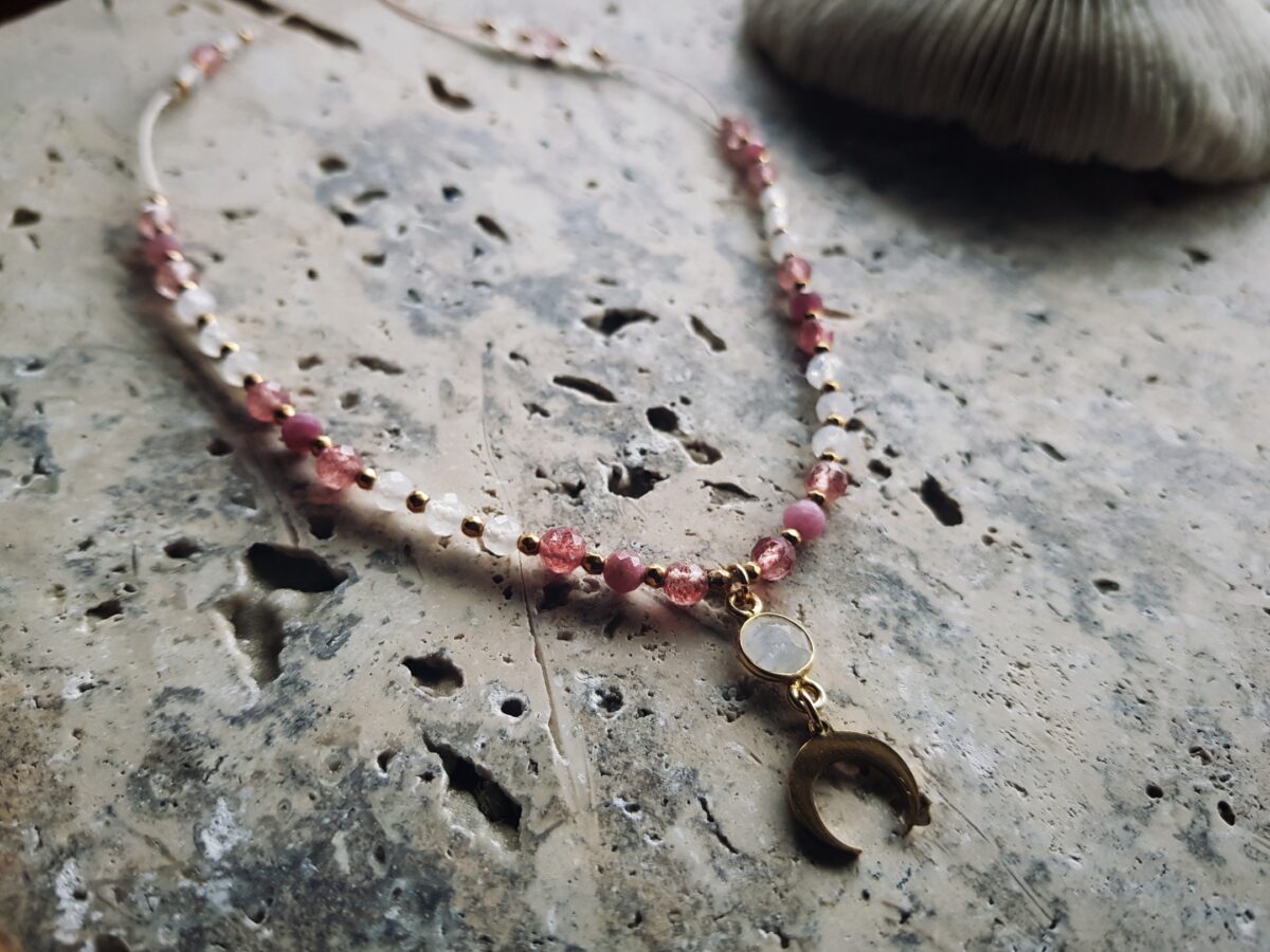 Naszyjnik "Malinowa Luna" - Kamień księżycowy, Turmalin różowy, Kwarc truskawkowy - obrazek 9