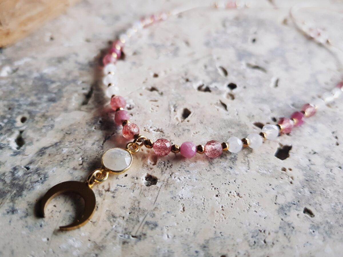 Naszyjnik "Malinowa Luna" - Kamień księżycowy, Turmalin różowy, Kwarc truskawkowy - obrazek 5