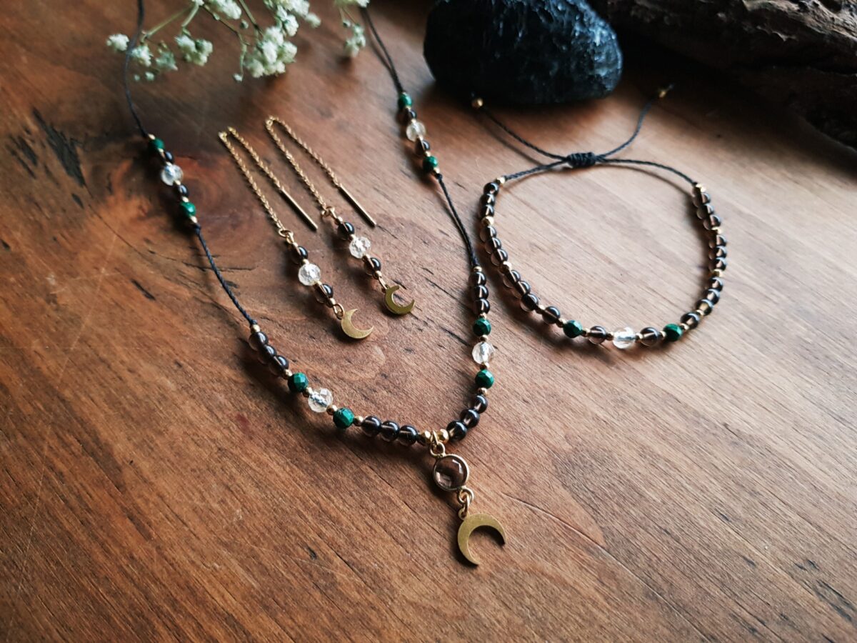 Komplet "Zmiana i Obfitość" - Kwarc dymmny, Malachit, Cytryn