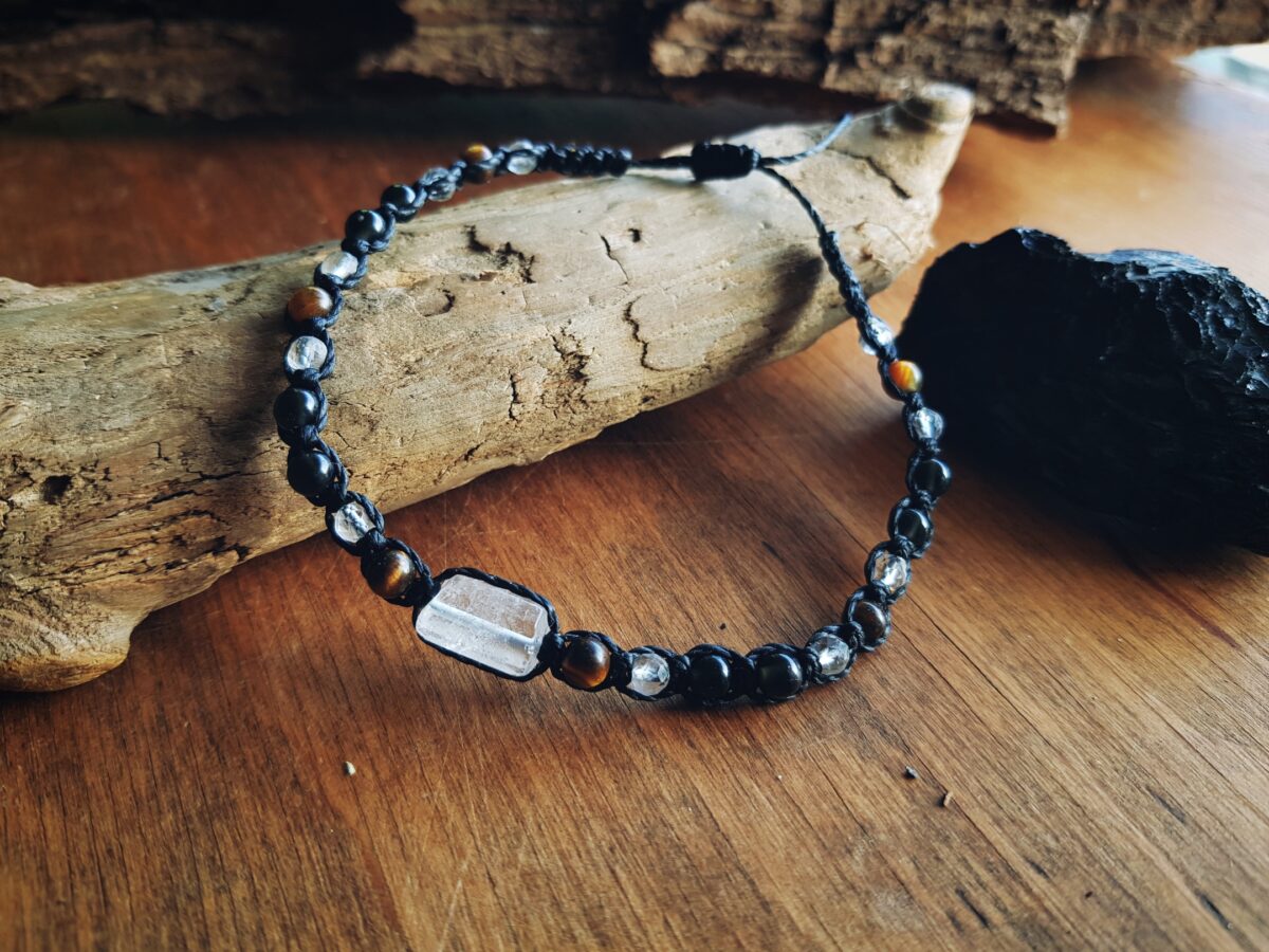 Męska bransoletka "Energetyczny Lot" - Kryształ górski, Tygrysie oko, Obsydian