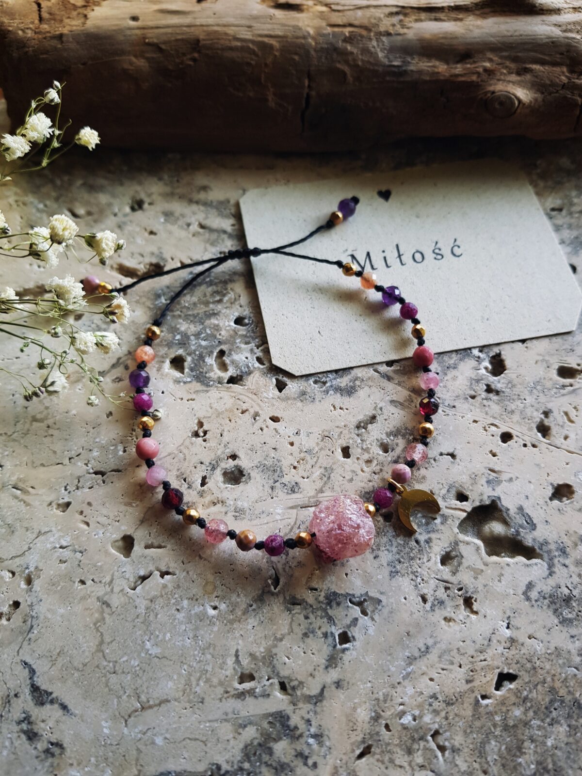 Bransoletka "Kochać"- Kwarc truskawkowy, Rubin, Fosfosyderyt, Granat, Rodonit, Ametyst, Kamień słoneczny - obrazek 5