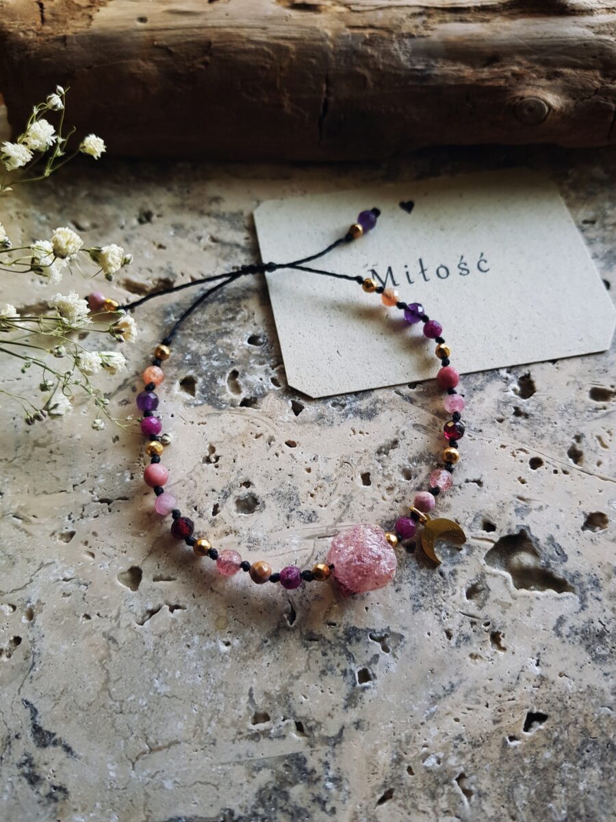 Bransoletka "Kochać"- Kwarc truskawkowy, Rubin, Fosfosyderyt, Granat, Rodonit, Ametyst, Kamień słoneczny - obrazek 5