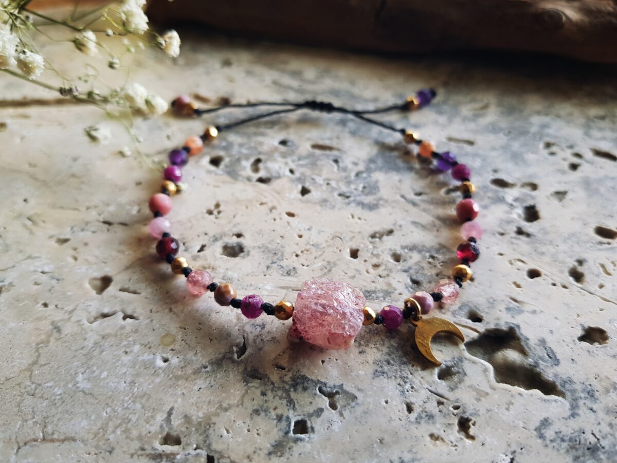 Bransoletka "Kochać"- Kwarc truskawkowy, Rubin, Fosfosyderyt, Granat, Rodonit, Ametyst, Kamień słoneczny - obrazek 8