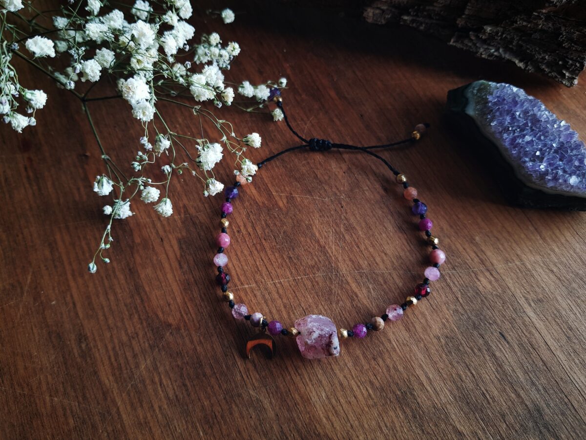 Bransoletka "Kochać"- Kwarc truskawkowy, Rubin, Fosfosyderyt, Granat, Rodonit, Ametyst, Kamień słoneczny - obrazek 6