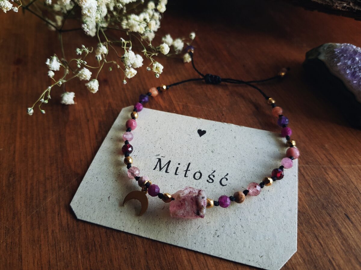 Bransoletka "Kochać"- Kwarc truskawkowy, Rubin, Fosfosyderyt, Granat, Rodonit, Ametyst, Kamień słoneczny - obrazek 7