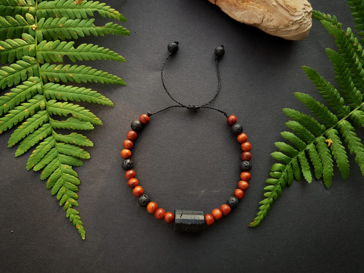 Męska bransoletka Ochronna - Turmalin, Lawa wulkaniczna, Drewno