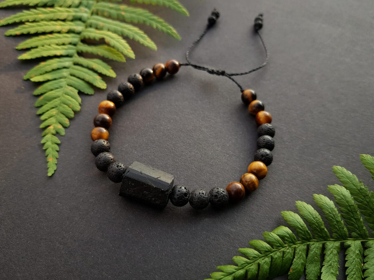 Męska bransoletka ochronna - Turmalin, Lawa wulkaniczna, Tygrysie oko