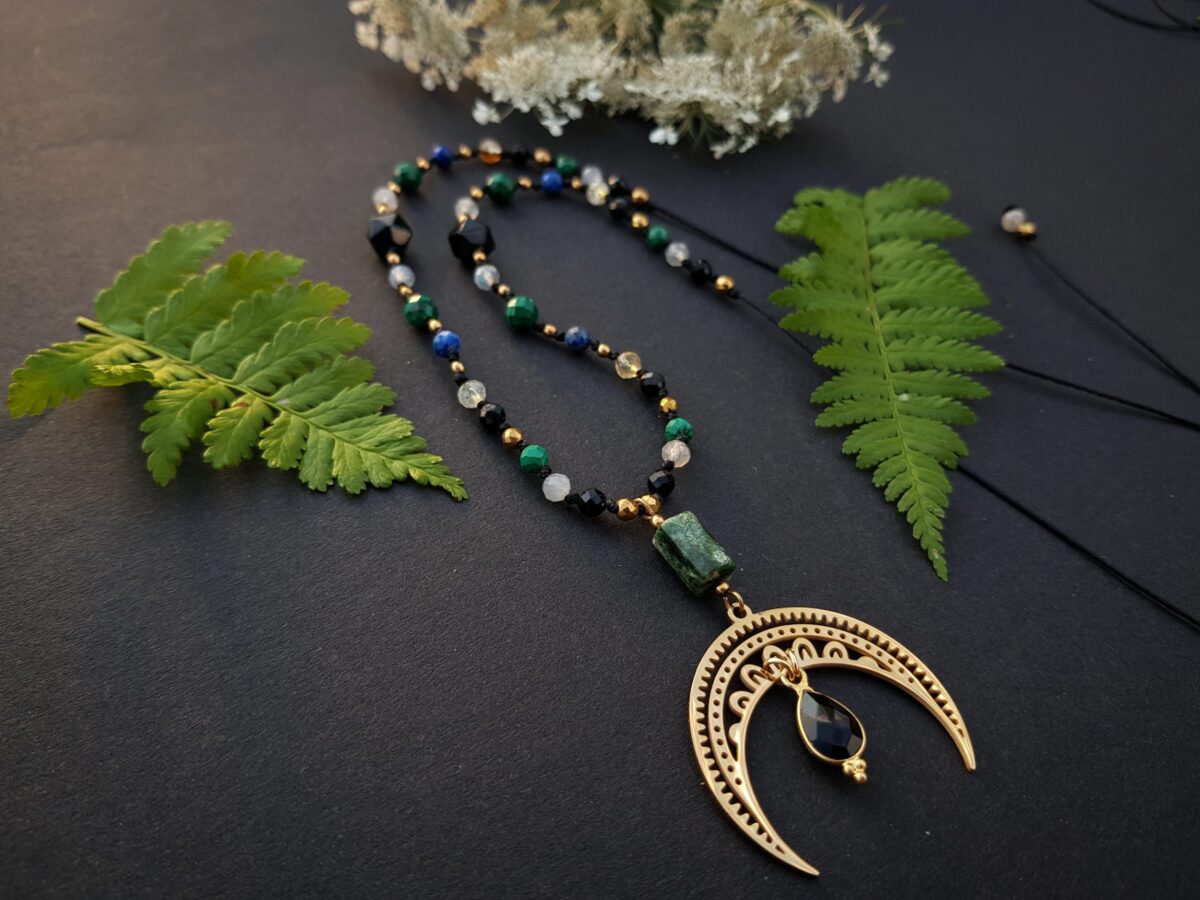 Naszyjnik "Źródło" - Lepidolit, Labradoryt, Malachit, Turmalin, Cytryn, Lapis lazuli, Onyks - obrazek 1