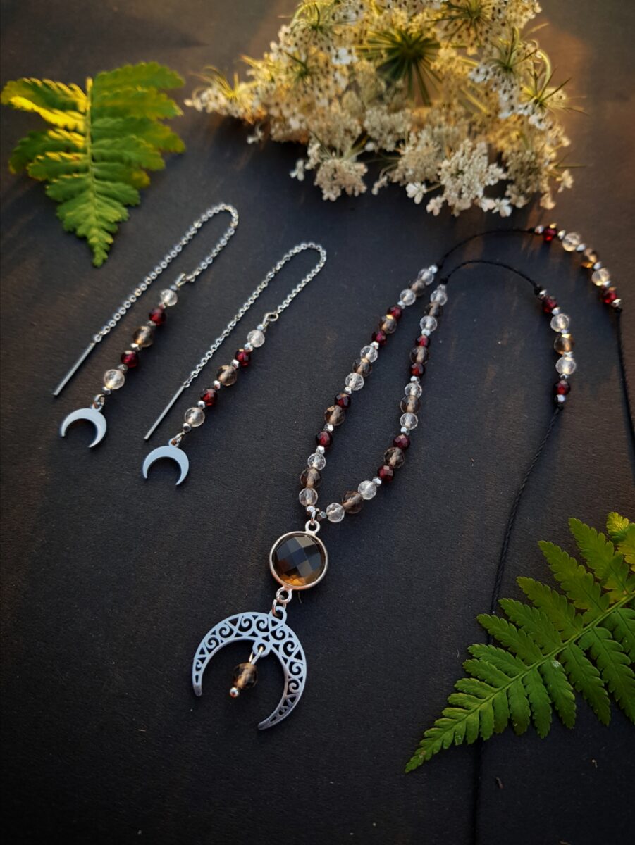 Kolczyki Księżycowe- Kwarc dymny, Granat, Kryształ górski - obrazek 13