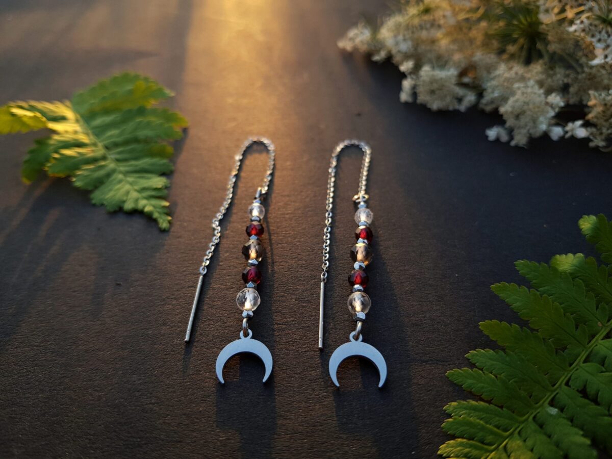 Kolczyki Księżycowe- Kwarc dymny, Granat, Kryształ górski - obrazek 4