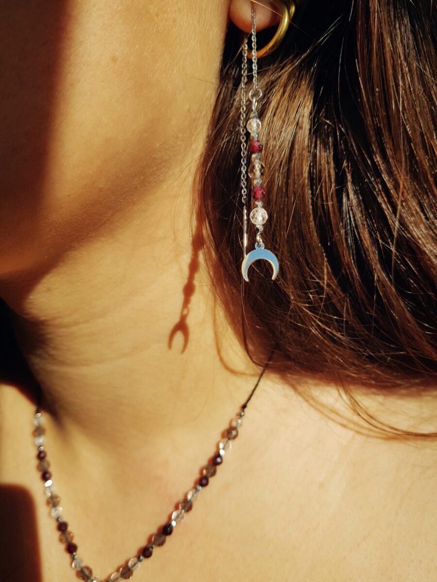 Kolczyki Księżycowe- Kwarc dymny, Granat, Kryształ górski - obrazek 2