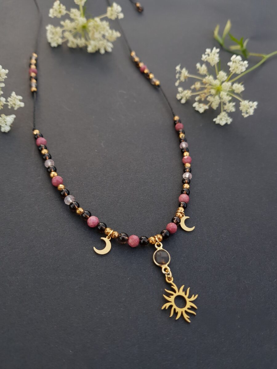 Naszyjnik "Bogini Równowagi" - Kwarc dymny, Kwarc truskawkowy, Cytryn, Rodochrozyt - obrazek 5
