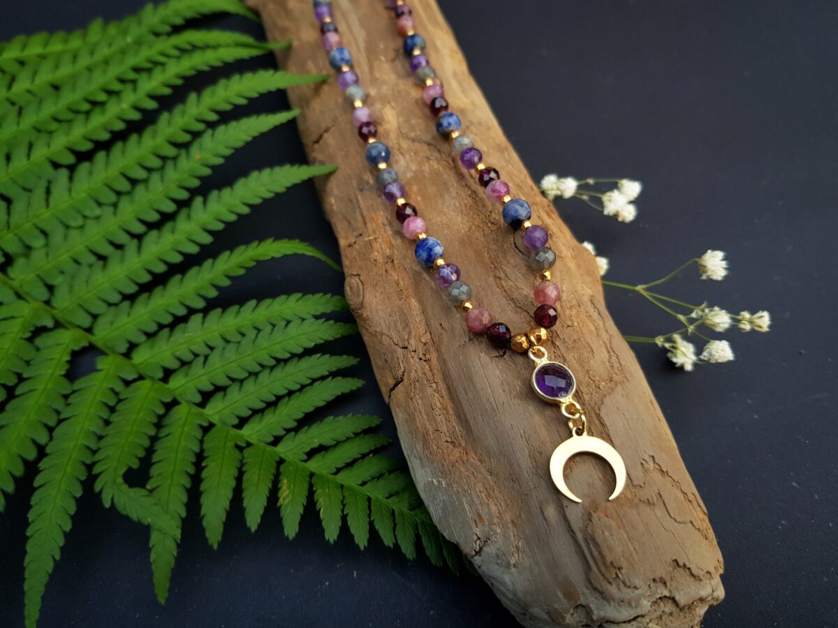 Naszyjnik "Amulet Szczęścia" - Ametyst, Granat, Turmalin różowy, Labradoryt, Szafir,