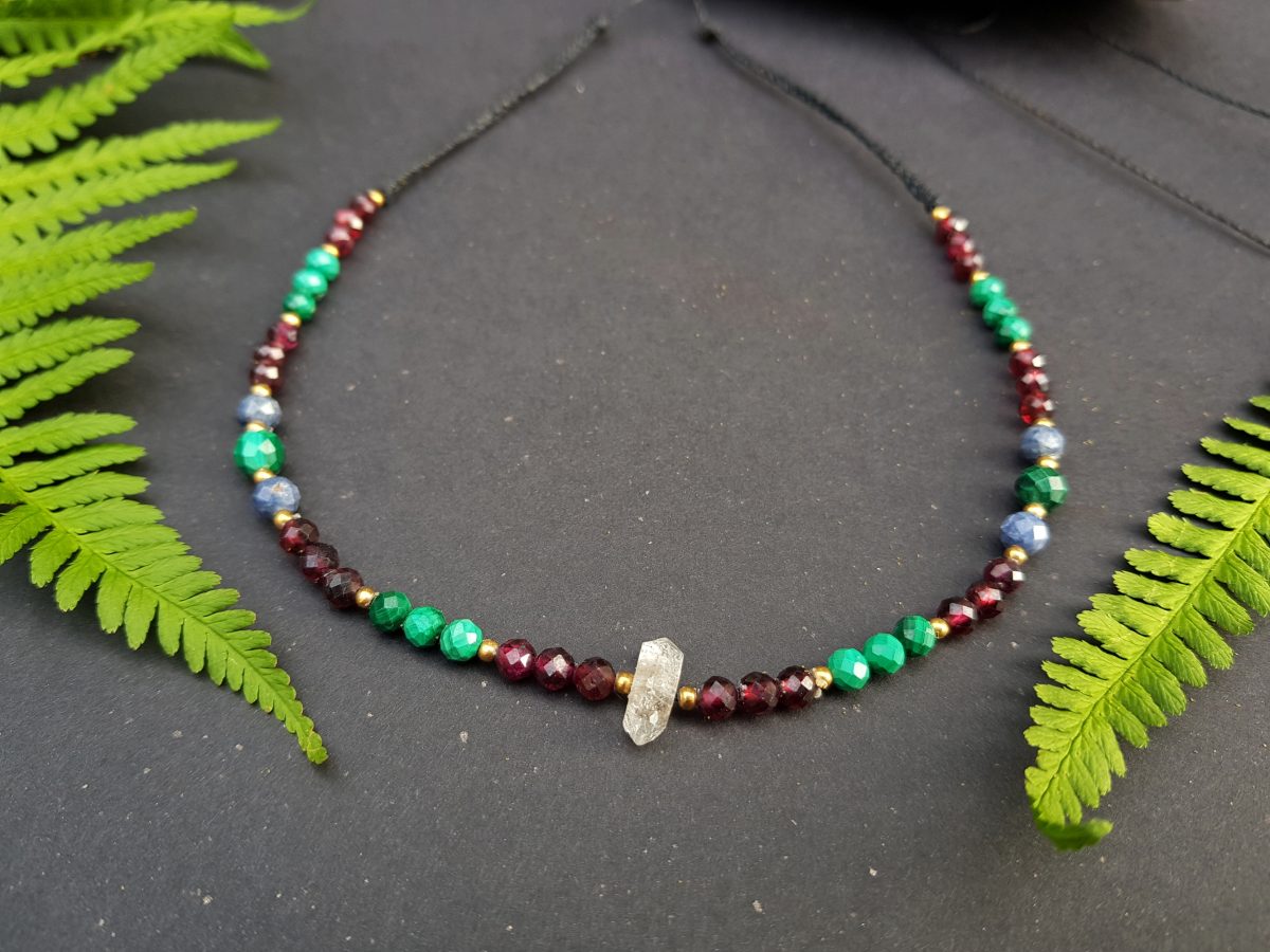 Naszyjnik "Przewodniczka” – Diament Herkimer, Granat, Malachit, Szafir - obrazek 6