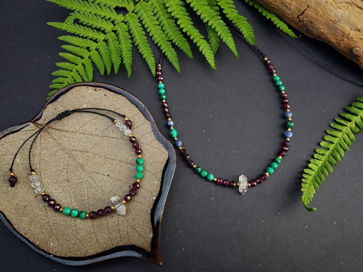 Komplet "Przewodniczka" - Diament, Herkimer, Granat, Malachit, Szafir, Kryształ górski