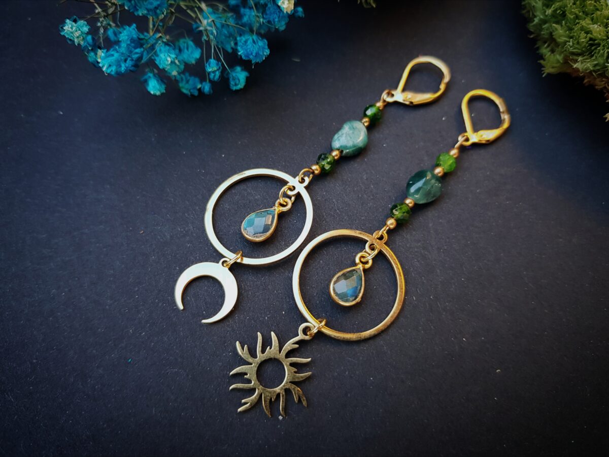Kolczyki "Moc Słońca i Księżyca" - Labradoryt, Diopsyd, Apatyt