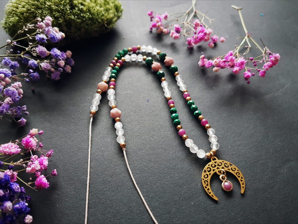 Naszyjnik "Zmysłowa Kobiecość"- Rubin, Kamień księżycowy, Malachit, Rodonit - obrazek 14