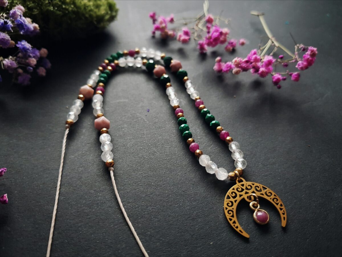 Naszyjnik "Zmysłowa Kobiecość"- Rubin, Kamień księżycowy, Malachit, Rodonit - obrazek 12