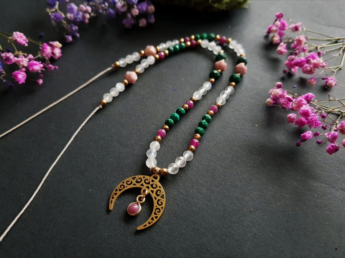 Naszyjnik "Zmysłowa Kobiecość"- Rubin, Kamień księżycowy, Malachit, Rodonit - obrazek 10