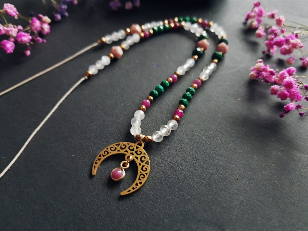 Naszyjnik "Zmysłowa Kobiecość"- Rubin, Kamień księżycowy, Malachit, Rodonit - obrazek 9