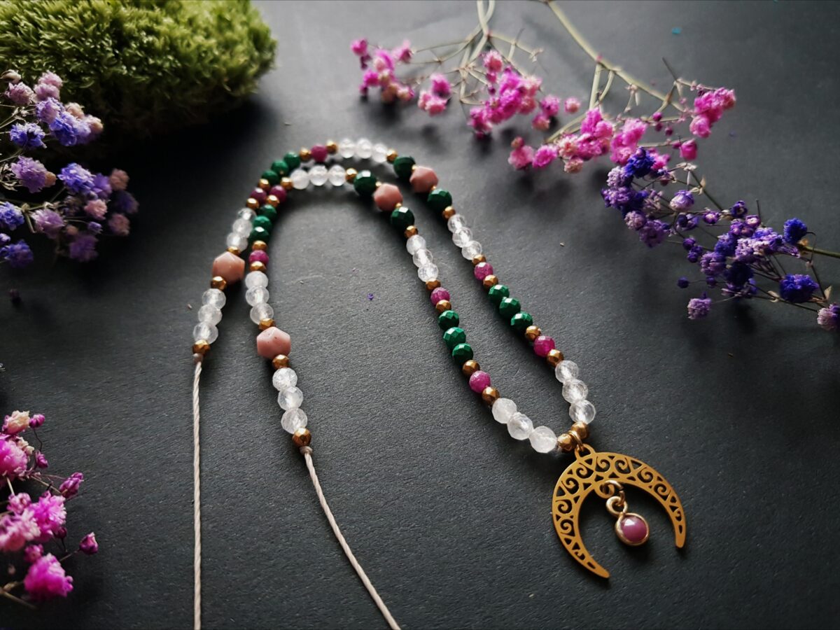 Naszyjnik "Zmysłowa Kobiecość"- Rubin, Kamień księżycowy, Malachit, Rodonit - obrazek 7