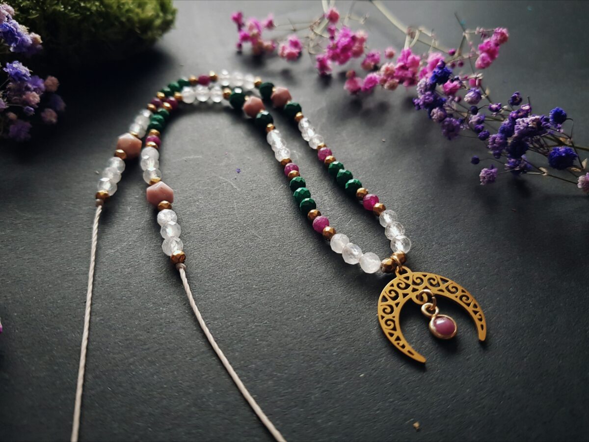 Naszyjnik "Zmysłowa Kobiecość"- Rubin, Kamień księżycowy, Malachit, Rodonit - obrazek 6