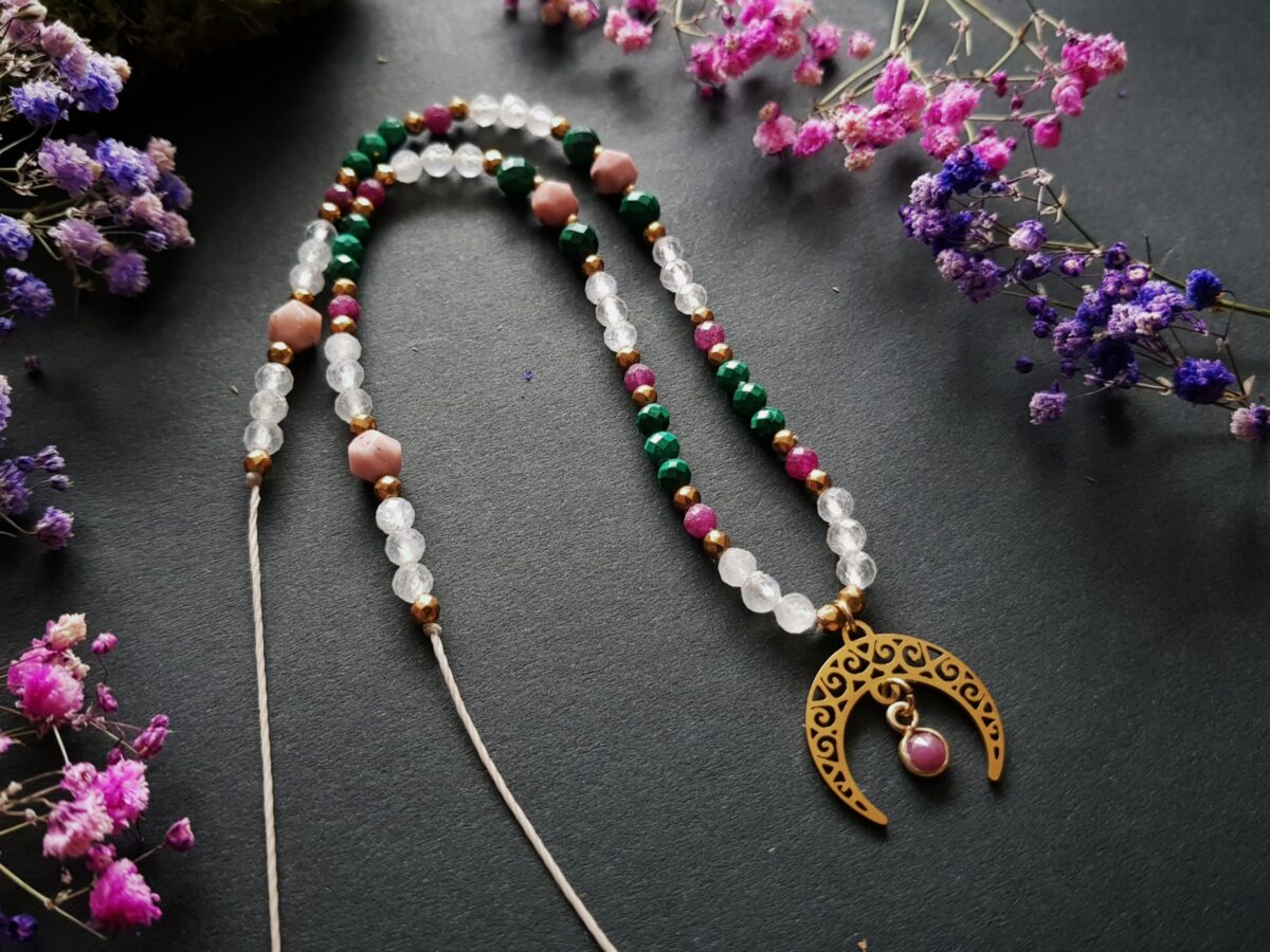 Naszyjnik "Zmysłowa Kobiecość"- Rubin, Kamień księżycowy, Malachit, Rodonit - obrazek 5