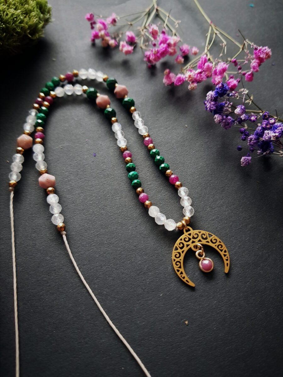 Naszyjnik "Zmysłowa Kobiecość"- Rubin, Kamień księżycowy, Malachit, Rodonit - obrazek 4