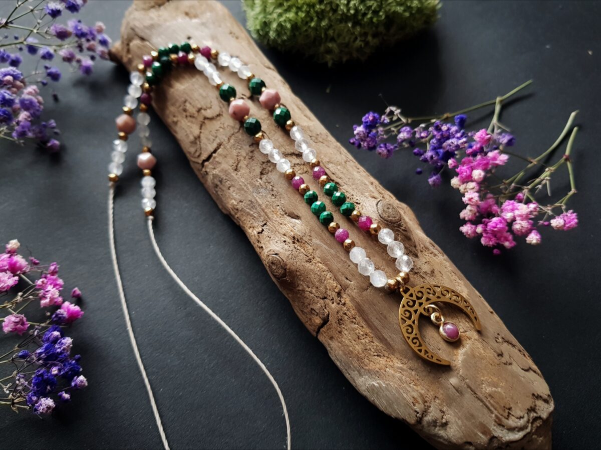 Naszyjnik "Zmysłowa Kobiecość"- Rubin, Kamień księżycowy, Malachit, Rodonit - obrazek 3