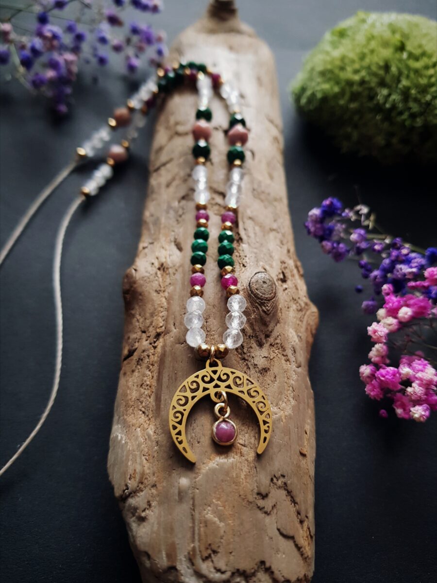 Naszyjnik "Zmysłowa Kobiecość"- Rubin, Kamień księżycowy, Malachit, Rodonit - obrazek 2