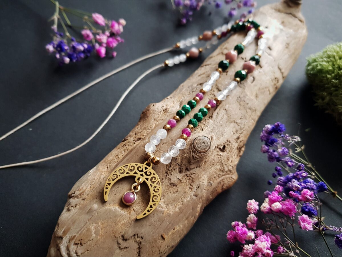 Naszyjnik "Zmysłowa Kobiecość"- Rubin, Kamień księżycowy, Malachit, Rodonit - obrazek 11