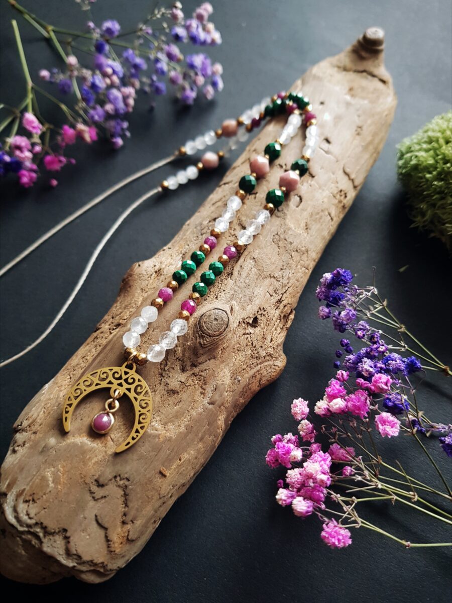 Naszyjnik "Zmysłowa Kobiecość"- Rubin, Kamień księżycowy, Malachit, Rodonit - obrazek 8