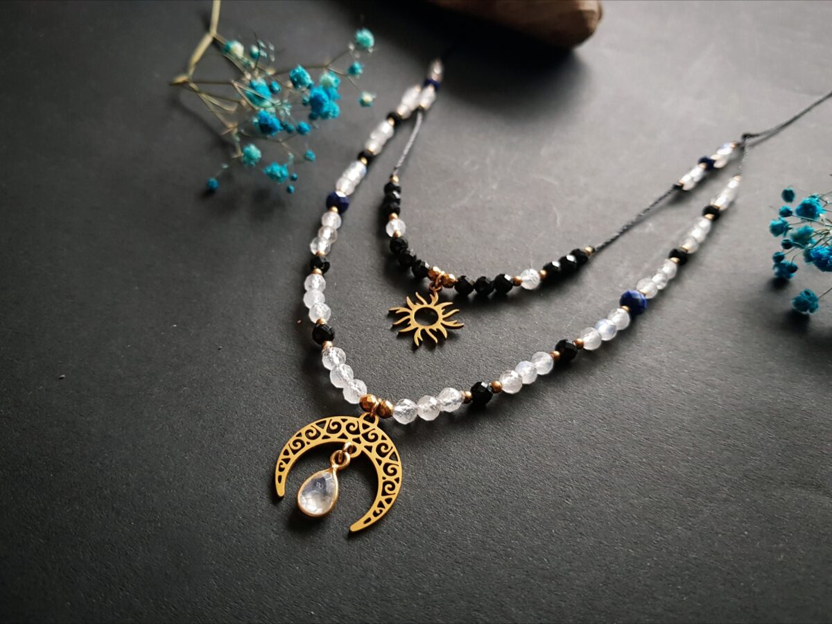 Podwójny naszyjnik "Wibracje Kobiecości" - Kamień księżycowy, Turmalin, Lapis lazuli