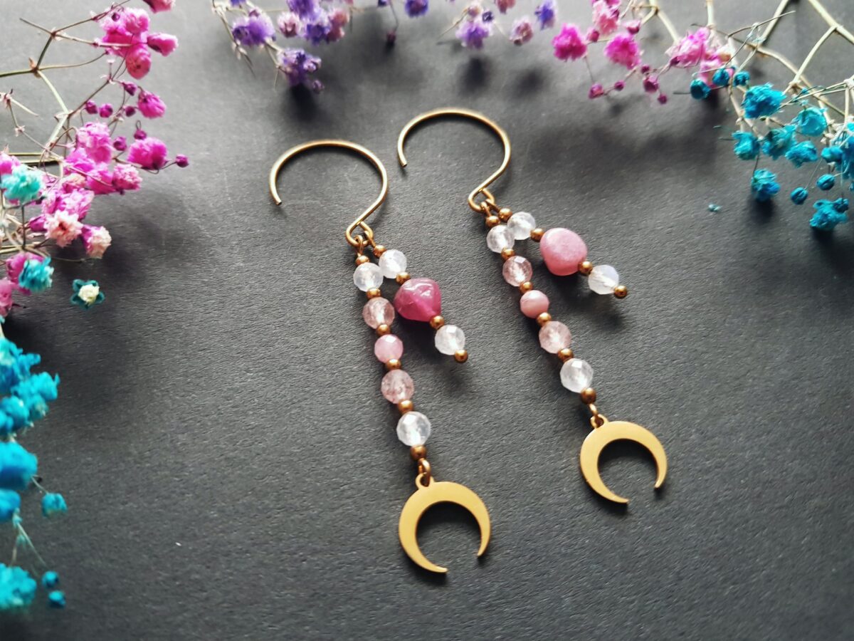 Kolczyki "Kochaj siebie" - Kamień księżycowy, Turmalin różowy, Kwarc truskawkowy, - obrazek 8