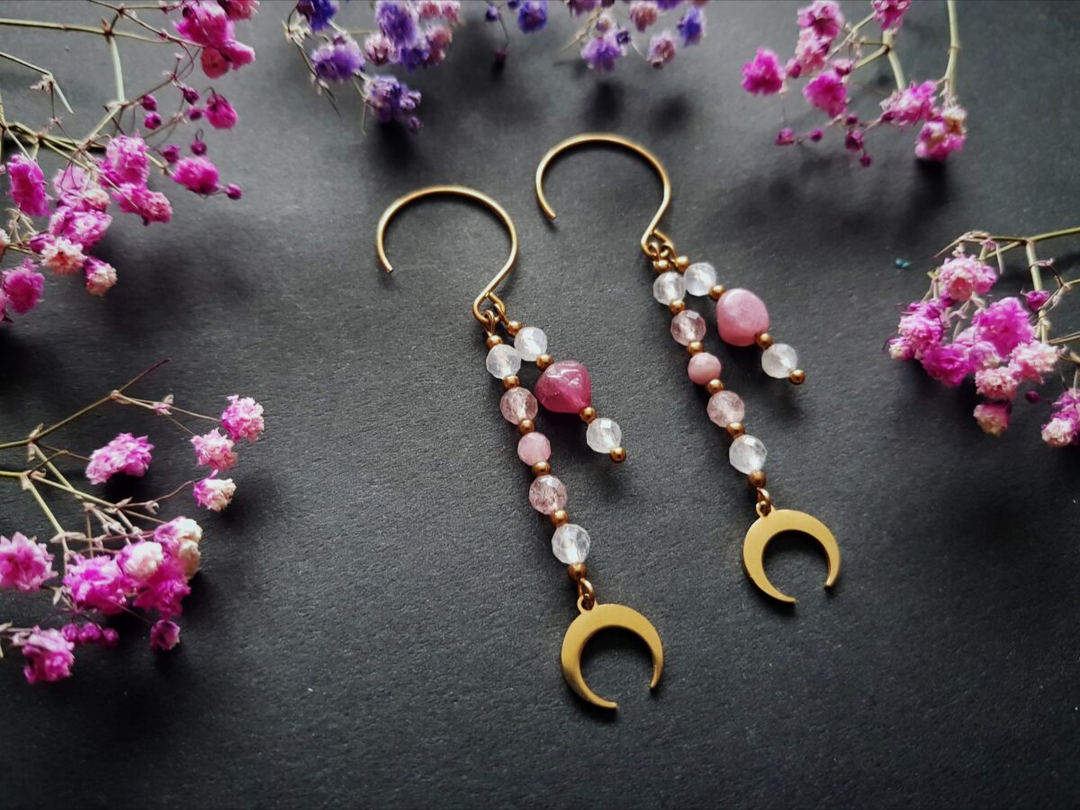 Kolczyki "Kochaj siebie" - Kamień księżycowy, Turmalin różowy, Kwarc truskawkowy,